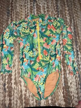 Crewcuts Girls Long-Sleeve Floral Zip Rashguard - Green/Blue/Coral